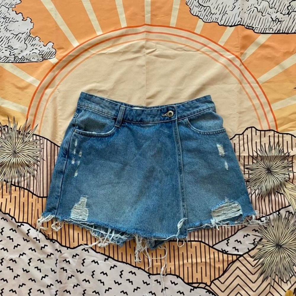 Zara Denim Blue Jean Distressed Ripped Mini Skort Skirt with Shorts